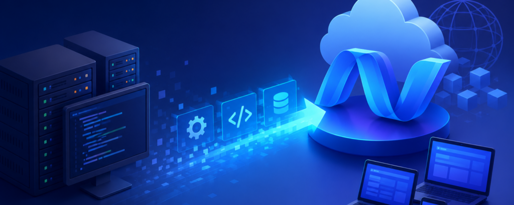 Futuristic 3D illustration of custom .NET application development and cloud migration with glowing server racks, coding interface, data transfer elements, and connected digital devices in a modern blue technology environment.