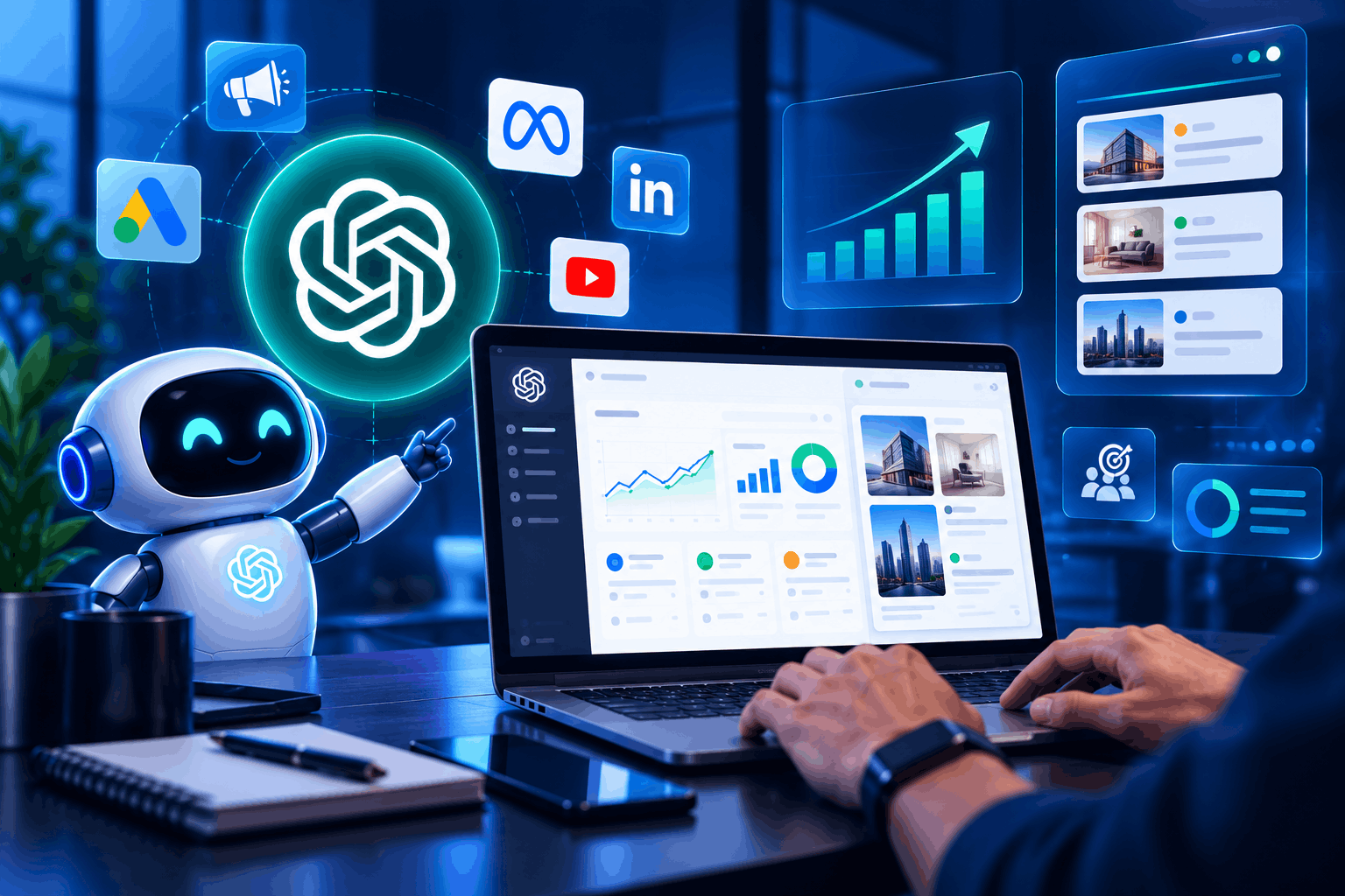 Futuristic AI Marketing Workspace