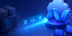 Futuristic 3D illustration of custom .NET application development and cloud migration with glowing server racks, coding interface, data transfer elements, and connected digital devices in a modern blue technology environment.